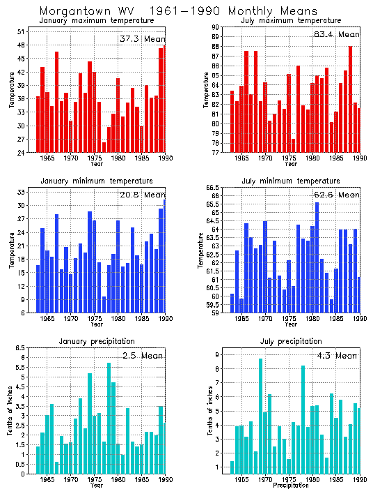 Morgantown, West Virginia Average Monthly Temperature Graph